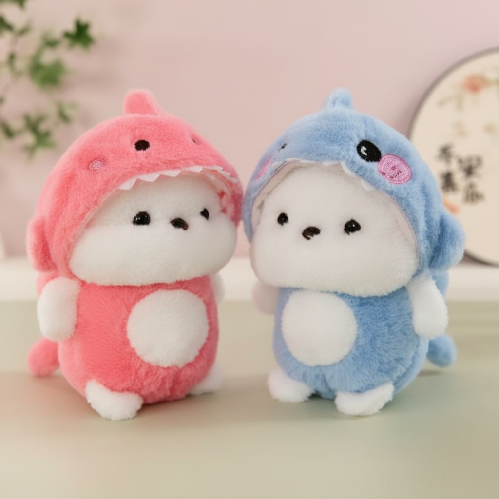 Bear Plush Toy with Removable Shark Hoodie – Cute Kawaii Stuffed Animal in Pink & Blue