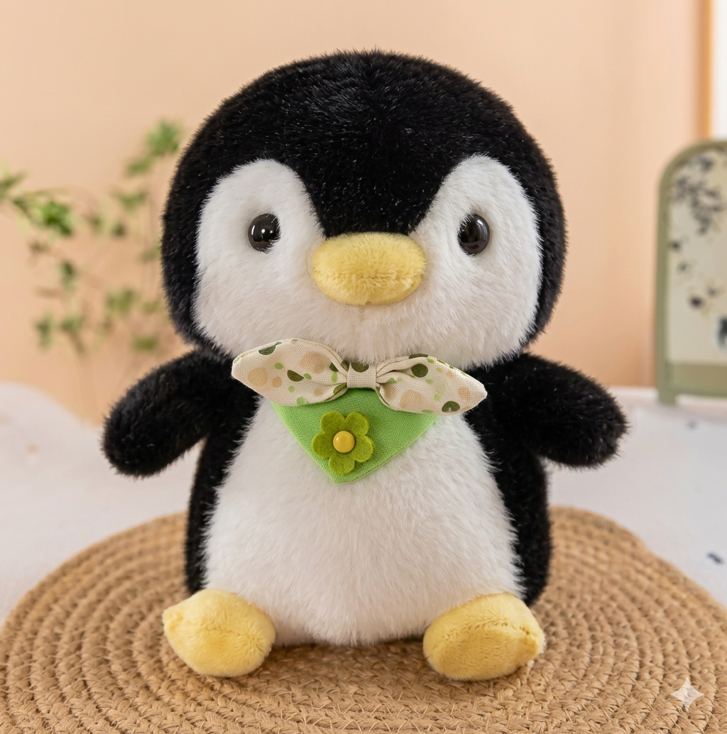Cute Penguin Plush Doll with Green Flower Scarf – Soft Kawaii Stuffed Animal for Gifts & Collectors