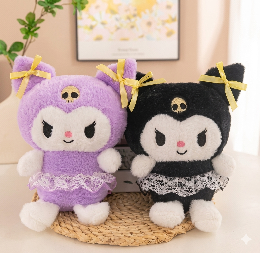Kuromi Black & White Lace Dress Plush Toy with Yellow Bows – Official Style Sanrio Kawaii Stuffed Doll