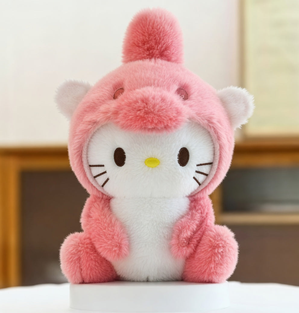 Sanrio Hello Kitty plush toy wearing a pink dinosaur hoodie
