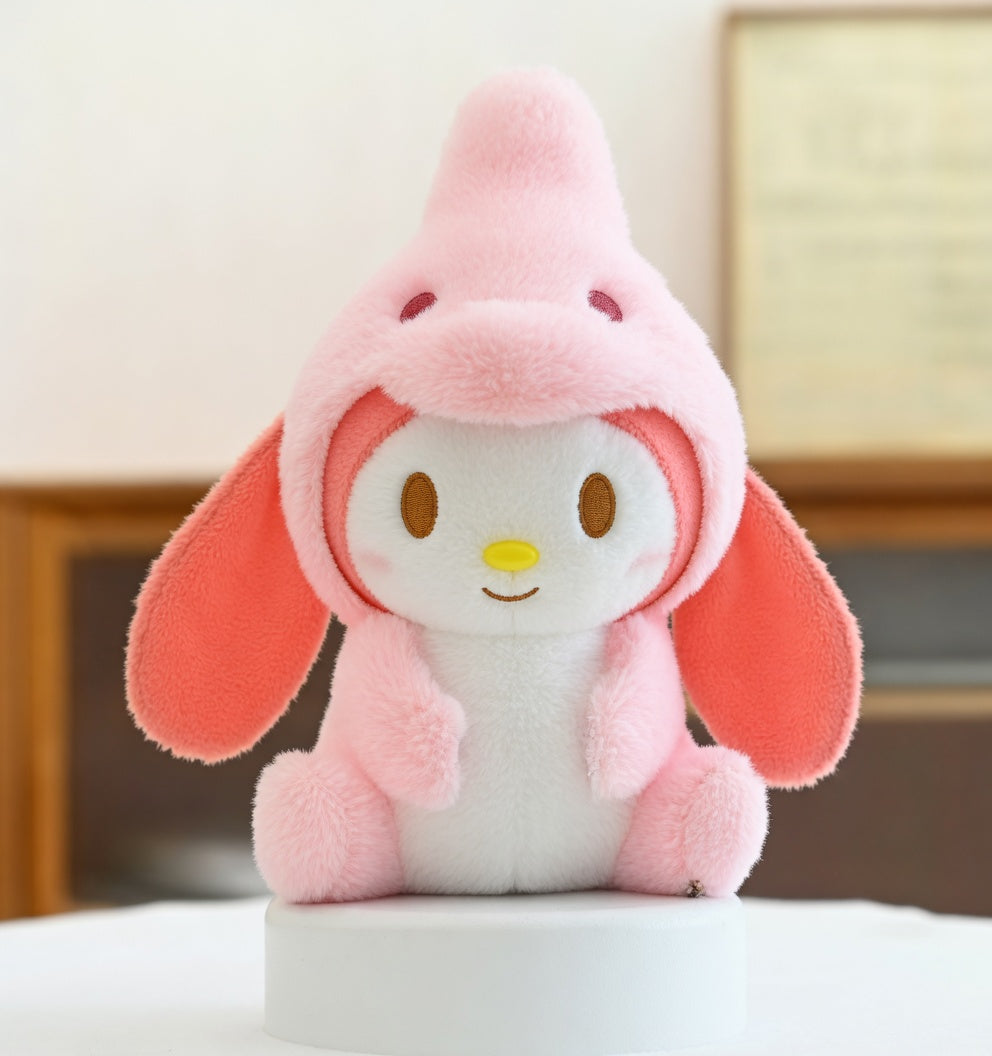 Sanrio My Melody plush toy wearing a pink dinosaur costume