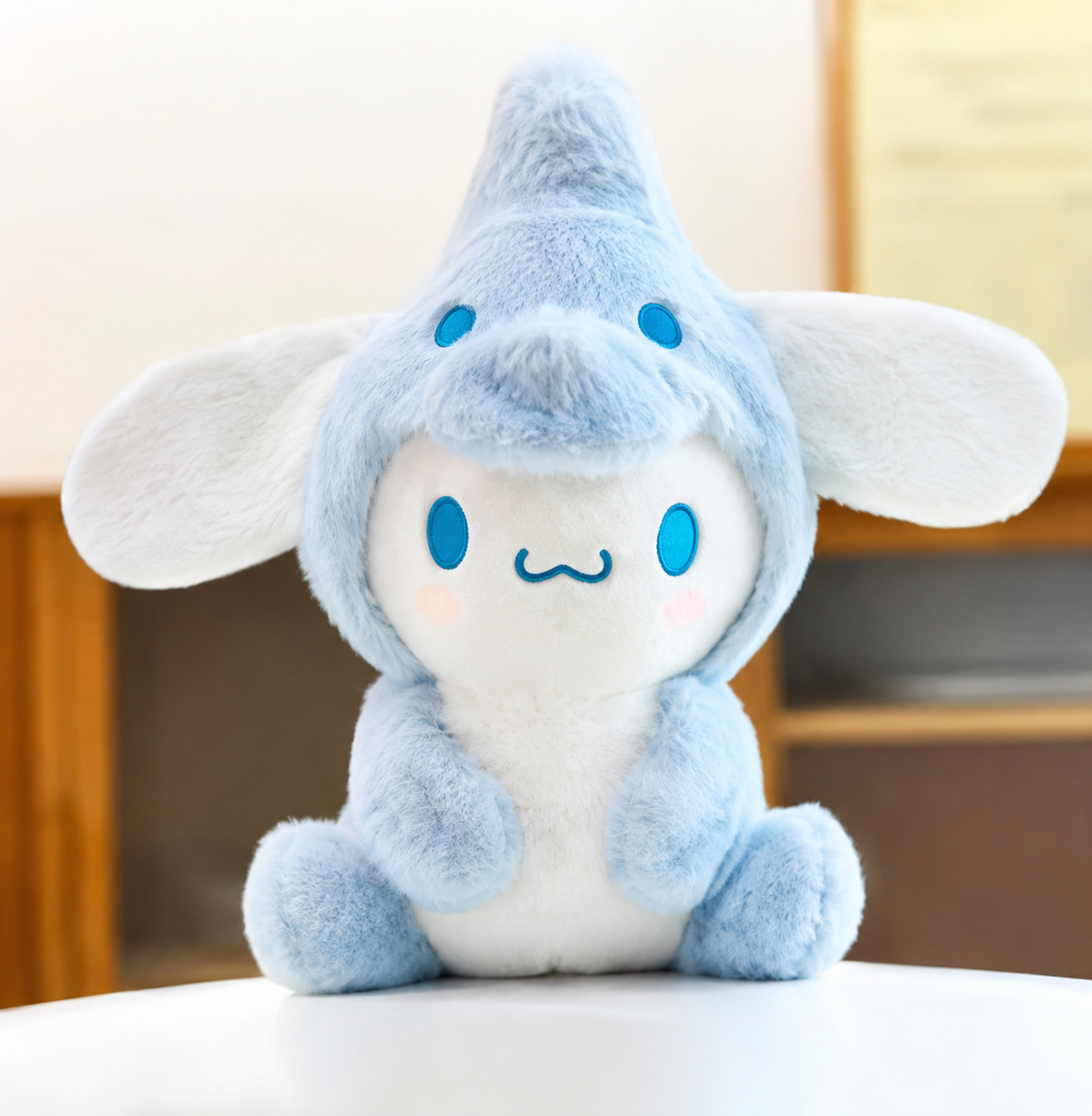 Sanrio Cinnamoroll plush toy dressed in a blue dinosaur