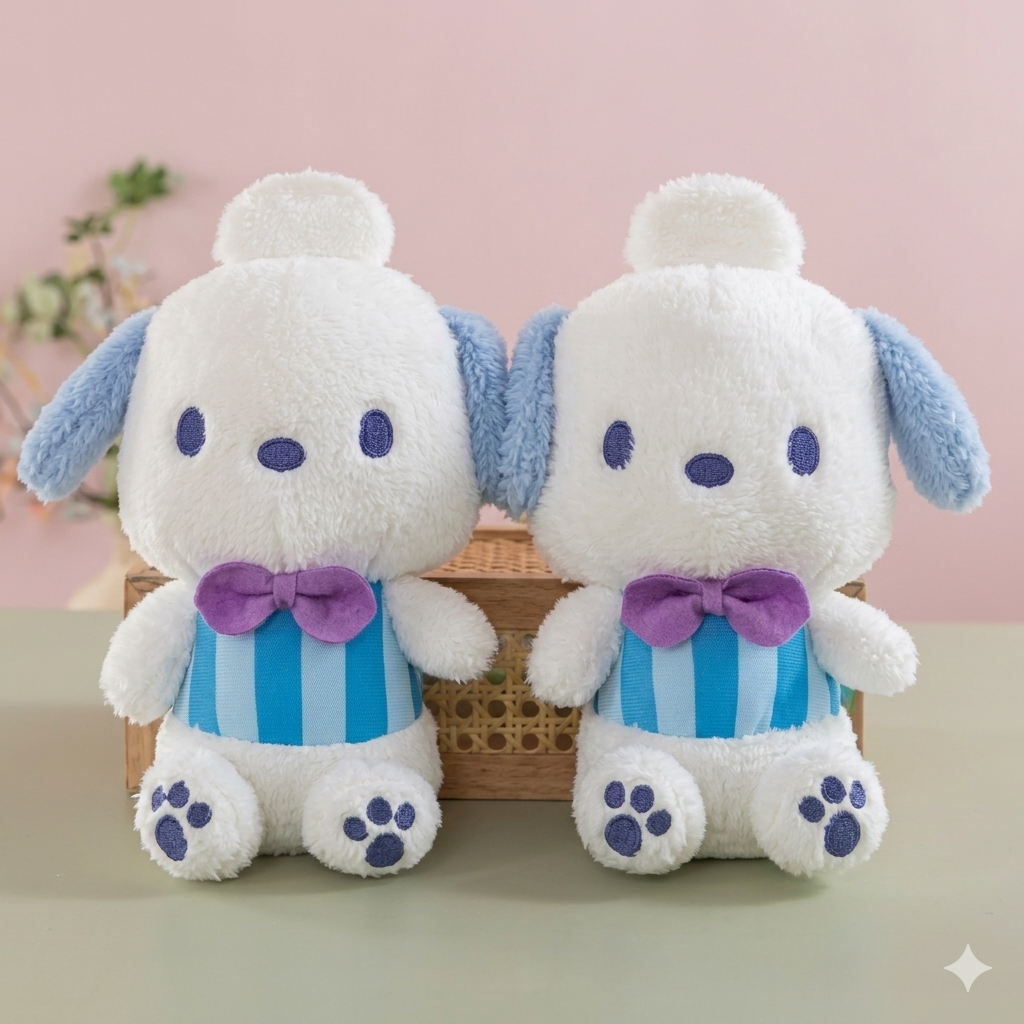Sanrio Pochacco Plush Doll in Blue Striped Outfit – Cute Kawaii Stuffed Toy with Purple Bow Tie