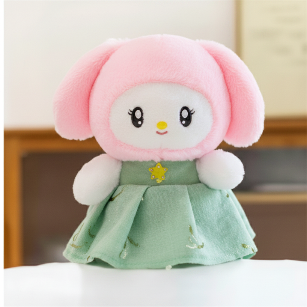 Sanrio plush toy featuring a character dressed in a green outfit
